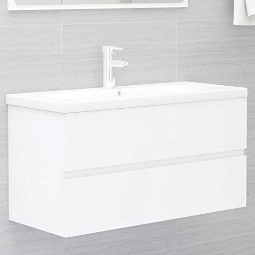 QUAHEAS Mueble bajo lavabo con lavabo empotrable, color blanco, madera, 90 x 38,5 x 45 cm, juego de muebles de baño, lavabo de cerámica con rebosadero, diseño moderno