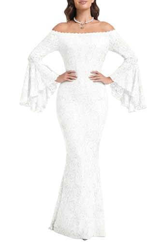 Image of Cercis Womens Off The Shoulder Floral Lace Maxi Wedding Dress Boho Flowy Wedding Guest Formal Long Dresses