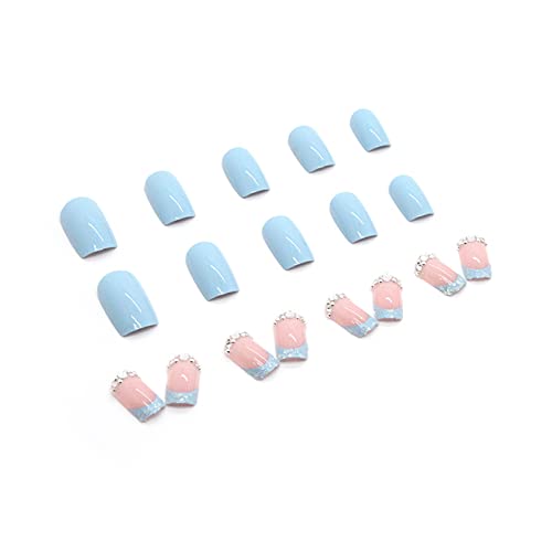 Sixdian Blue Press On Nails Medium Length Square Glossy Fake Nails Tips With Bling Diamond Design Stick On Nails, Full Cover Acrylic Nails Summer Light Blue False Nails For Womenfor Girls (Style D3) #TOP2