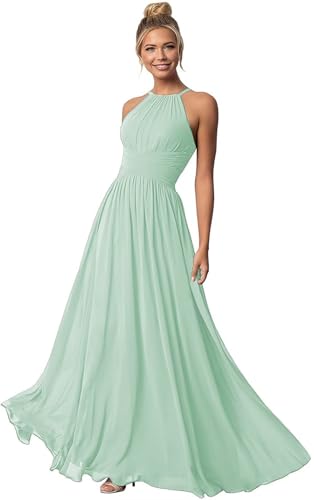 Clothfun Damen Neckholder Brautjungfernkleider Lang Chiffon Formelle Kleider Abend Party Kleid 2025, Eisblau, 34