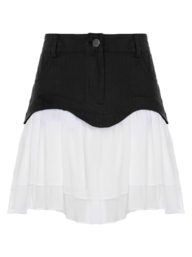 Women Summer Gathered Denim Skirt with Chiffon Ruffles High Waist A-line Pleated Skirt Mini