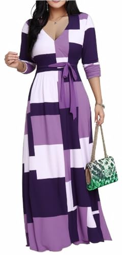 Image of CaniBtr Maxi Dresses for Women Plus Size 3 /4 Sleeve Long Dress with Belt | Versatile plus-size maxi dress,wrap v-neck + waist tie craft soft glamorous looks easily for everyday casual outings