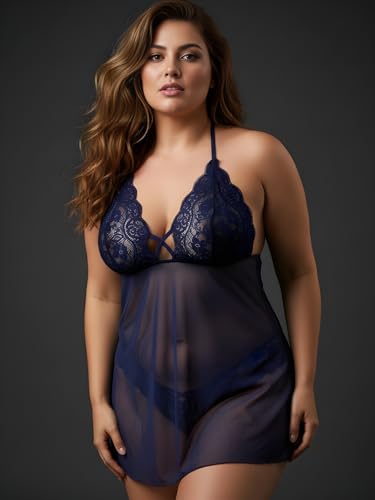 Image of Xs and Os Women's Polyester Spandex Mix & Lace Solid Midi Babydoll Lingerie with Panty