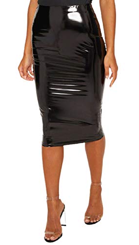 GOSTYLES® Womens Sexy Wet Look Vinyl PVC Bodycon Mini-Midi Skirt Dress, Ladies Shiny Metallic Party & Casual Wear Summer Leggings (Black Midi Skirt, L-XL)