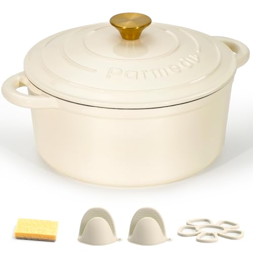 Parmedu Schmortopf aus emailliertem Gusseisen, 5,5 l Topf mit Deckel, Doppelgriff, robustes Kochgeschirr zum Schmoren, Eintöpfe, Braten, Brotbacken, Cremiges Gelb