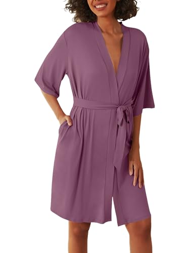 Image of Ekouaer Short Robes for Women Lightweight Kimono Robes Knit Bathrobe Soft Sleepwear with Pockets S-XXL