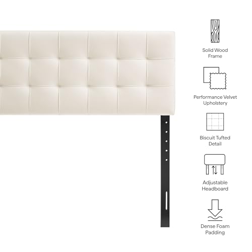 Image of Modway Lily Performance Velvet King Size Headboard with Biscuit Tufting in Alabaster - Stain-Resistant Upholstery with Padded Design and 5 Height-Adjustable Mounts
