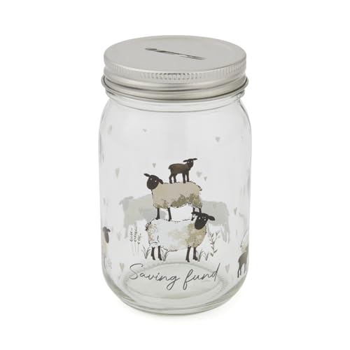 Cooksmart Highland Sheep Glass Money Jar | British Designed Savings Jar with Metal Screw-Top Lid | Rustic Sheep & Nature Print | Decorative Coin Jar with Money Slot | Stylish Farmhouse Home Accessory
