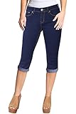 2LUV Women's Stretchy 5 Pocket Skinny Indigo Mid Rise Capri Ripped Denim Jeans Dark Indigo 7