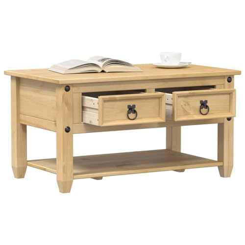 Mokuyary Table basse avec tiroirs Corona 85 x 50 x 45 cm en pin massif, table de salon, table de canapé pour salon, bureau, petits espaces, table de canapé