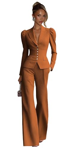 kangsitp Burnt Orange Suits for Women 2 Piece Petite Stripe Womens Suits Puff Sleeve Fashion Casual Womens Pants Suit for Wedding Gust Size Small