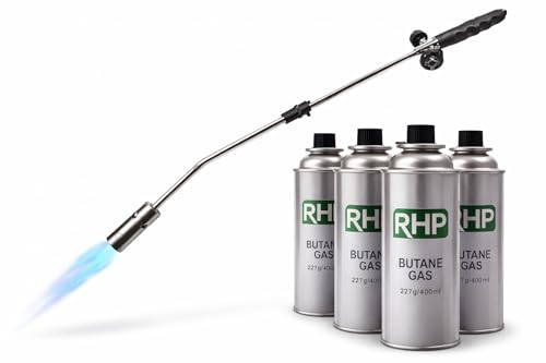 Brûleur à mauvaises herbes RHP - 80 cm - Avec 4 cartouches de butane de 227 g - Brûleur à gaz avec allumage piézoélectrique, dispositif de flamme max....