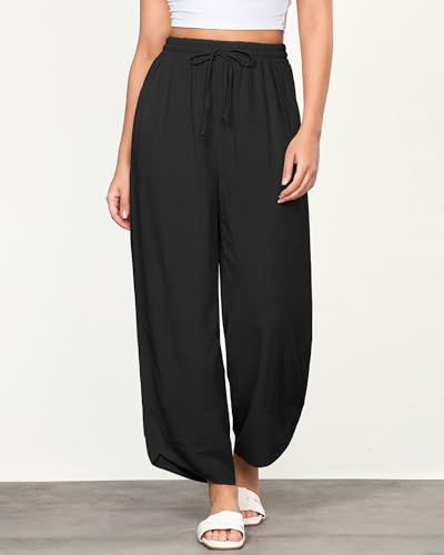 GRAPENT Linen Pants Women High Waisted Wide Leg Casual Beach Pull On Elastic Waist Summer Cropped Pants with Pockets3
