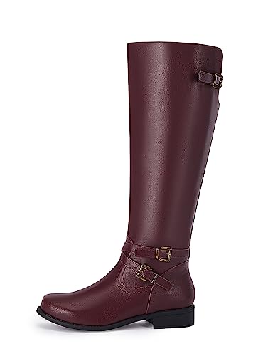 Ermonn Womens Knee High Boots Wide Calf Side-Zip Back Lace-Up Faux Leather Riding Combat Footwear #TOP3
