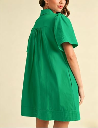 Image of Womens Short Sleeve Button Down Mini Shirt Dress Lapel Collar Short Dresses with Pocket