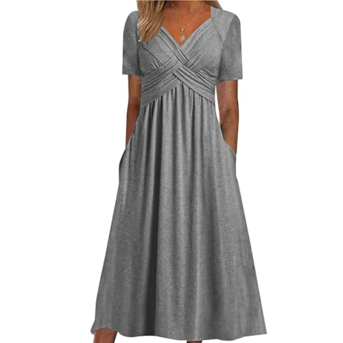 Womens V Neck Short Sleeve Midi Dress Summer Plus Size Pleated Flowy Sundress Wedding Guest Dresses with Pockets