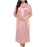Plus Size Nightgowns for Women Floral Lace Short Sleeve Sexy Pajama Dress V Neck Solid Color Nightie Pink