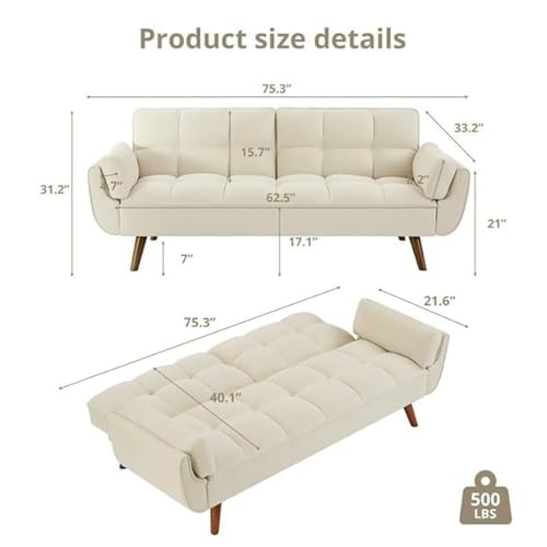 Image of Tarantino 3-Seater Convertible Sofa Cum Bed | Modern Tufted Upholstered Folding Sleeper Sofa for Living Room | High-Density Foam Comfort | Space Saving Couch Bed for Home (Beige)