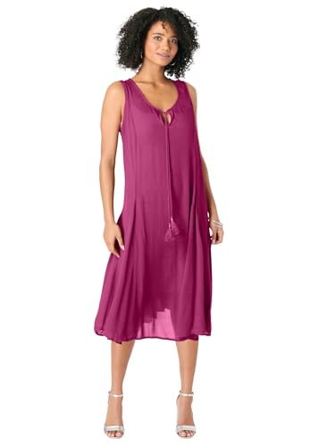 Roaman's Women's Plus Size Hand-Crinkled A-Line Dress with Tassel Ties