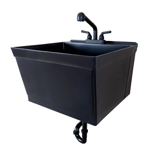 JS Jackson Supplies Tehila Black Wall-Mounted Utility Sink Tub Kit with Matte Black Finish Pullout Faucet, Wall-Mounted Utility Tub with Wall Bracket for Laundry Room, Garage, Workshop