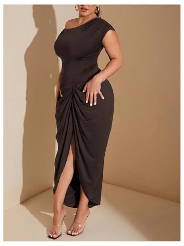Image of Floerns Women's Plus Size Asymmetrical Neck Long Dress Ruched Slit Hem Cocktail Dress