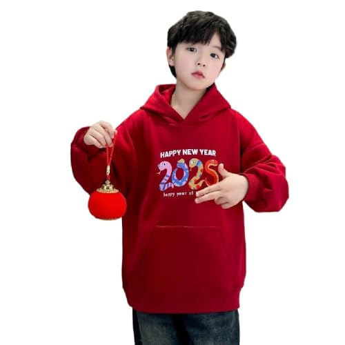 Chinese New Year Boys' autumn and winter velvet padded hooded sweatshirt 2025 snake year red sweatshirt