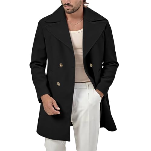 evzosrz Mens Trench Coat Double Breasted Notch Lapel Vintage Pea Coat Mid-Length Thermal Business Jacket Winter Warm Overcoat