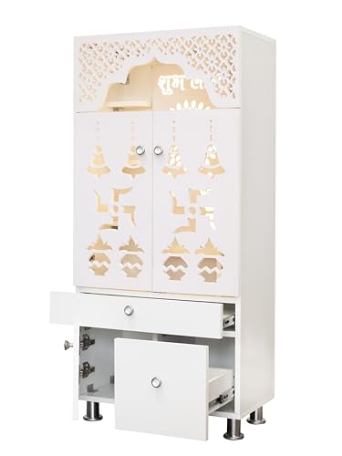 SHLOK White Home Temple with Doors and Inbuilt LED Light Engineered Wood (Height: 130, Pre-Assembled)