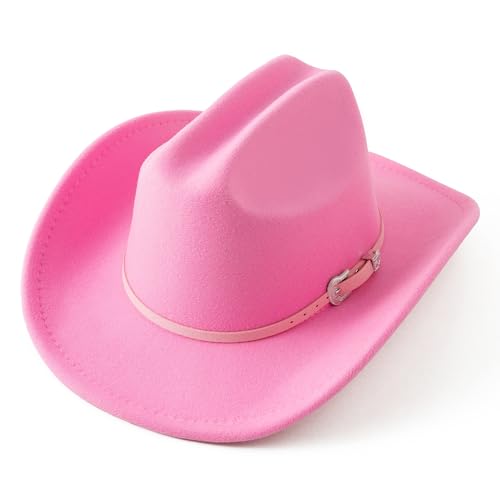 Jastore Kids Western Cowboy Hat for Girl Boy Wide Brim Beach Cowgirl Hat with Belt Buckle Cattleman Cowboys Hats (US Age 5 Years 10 Years Dark Pink)