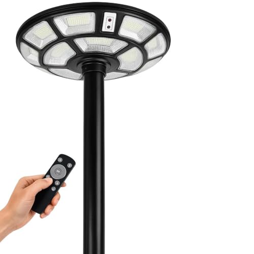 Generico Lampione Solare Esterno 2000 Watt, LED Stradale Giardino UFO con Telecomando, Sensore Movimento, Crepuscolare, IP66, Luce Fredda, Faretto Solare Alta Efficienza