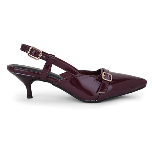 Image of Women's Pointed Toe Kitten Heels, Elegant Glossy Patent Leather Slingback Pumps with Adjustable Buckle Strap, 2-Inch Pencil Heel Sandals