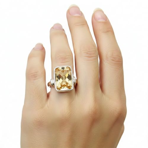 Bague en argent et quartz citron véritable taille rectangle style lunette - 4