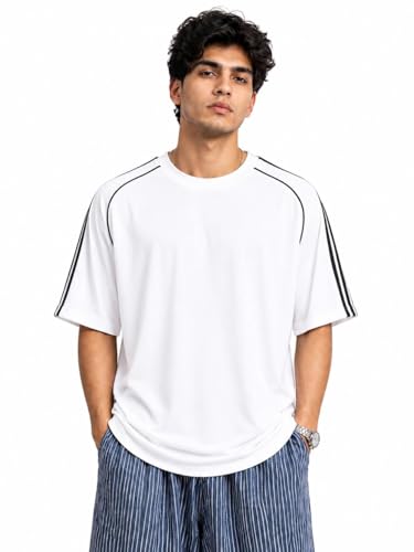 Image of O3e Men's Round Neck T-Shirt | Polycotton Fabric | Half Sleeve Casual Tee | Striped Tape Detail on Sleeves | Relaxed Fit Comfortable T-Shirt