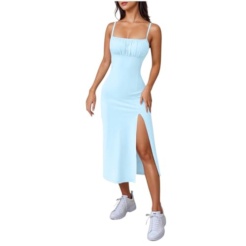 BFSWL Kleid Damen Sommer Trägerkleid mit Schlitz Sexy Curvy Ärmellos Midikleid Spaghettiträger Sommerkleid Bodycon Einfarbig Bleistiftkleid Urlaub...