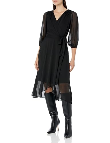 Image of DKNY Women's Chiffon Balloon Sleeve Faux Wrap Midi Dress with High-Low Hem