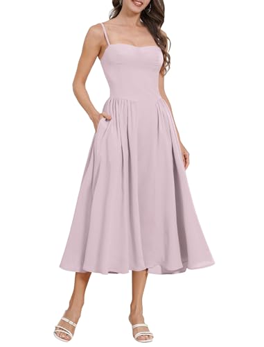 Image of ABEHIK Casual Dresses for Women Boho Spaghetti Strap Corset Midi Dress with Pockets Low Cut Flowy Pleated Bustier Sundress