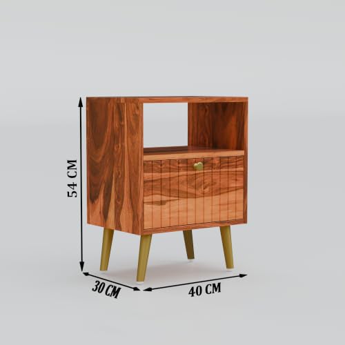 Image of Solid Sheesham Wood Bedside Table with Storage Cabinet & Open Shelf | Wooden Nightstand with Fluted Door, Gold Finish Metal Legs & Brass Knob (Honey Finish)