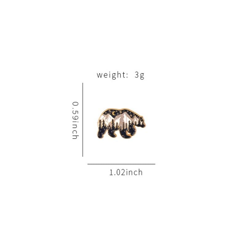 Image of Cartoon Big Brown Bear Enamel Lapel Pin With Snow Mountain Night Scene Pattern Badge Collar Brooch
