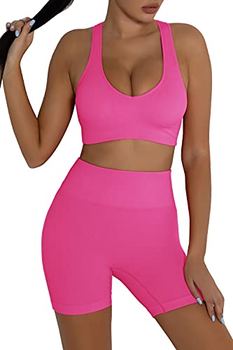 Yanekop Womens V Neck 2 Piece Ribbed Seamless Yoga Sets Crop Tank High Waist Shorts Leggings Outfits(D-Rose Red,L)