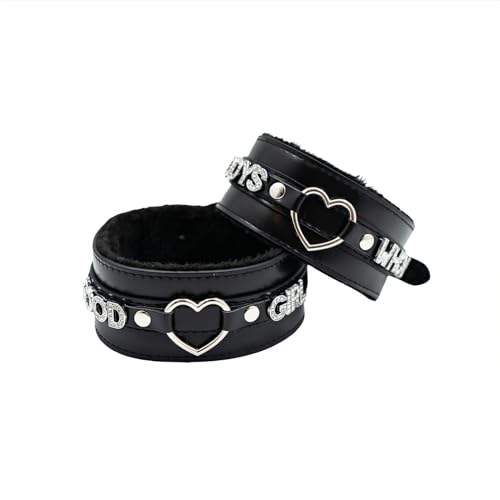 ADEMISHIA Pink Furry Heart O-ring Leather Choker Collar For Women, Handmade Punk Gothic Letter Necklace Adjustable Fashion Jewerly