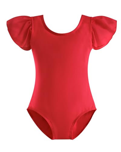 Stelle Girls Leotards Black Ballet Dance Leotards Ruffle Short Sleeve Gymnastics Outfits(Toddler/Little Kid/Big Kid) (Red,120)