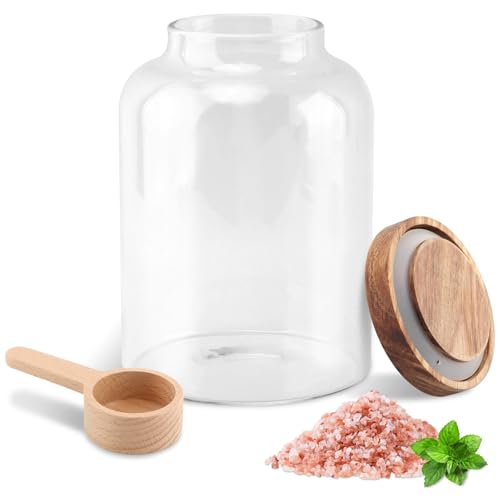 Meluvora Bath Salts Glass Jar Bath Salt Container with Wooden Lid and Scoop Glass Food Storage Jars for Home Decor Tea Spice Cereal Egg Flour Coffee(73 oz Clear)