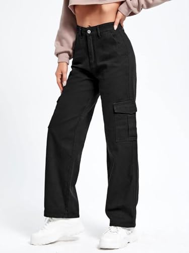 Image of KOTTY Women's Solid Mid Rise Relaxed Fit Cargo Jeans