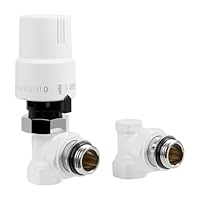 VANCOCO G1/2 Thermostatventil + Rücklaufventil Komplett-Set mit Dichtringanschluss für Heizkörper, Eckform, Heizkörperventil, Heizungsventil, Vollweiß, Flüssigfühler, Frostschutzstellung, mit Schloss