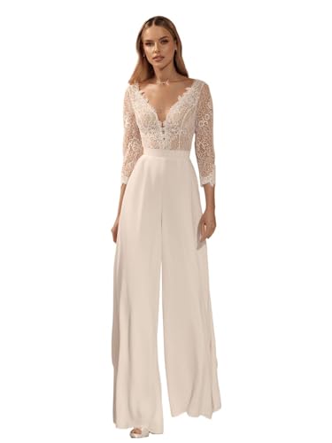 VTsiERY V-Neck 3/4 Sleeves Lace Bodice Wedding Bride Jumpsuits Chiffon Bridal Pants White US 12