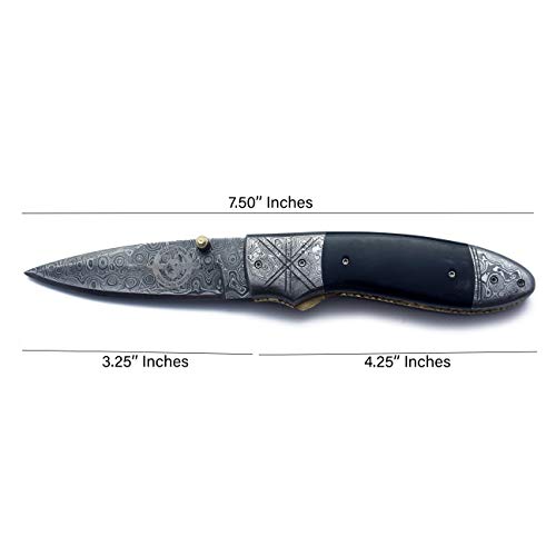 Damascus Folding Tactical Knife – Best Choice for EDC, Hunting, Survival, Camping, and Skinning – Full Tang Micarta Handle & Handcrafted Leather Sheath – Ultimate Gear for Men and Women (DCF21-25)
