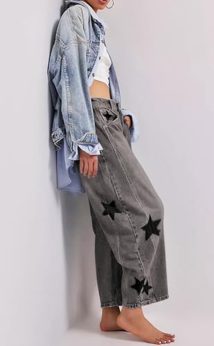 loveimgs Women's Mid Rise Barrel Jeans Wide Leg Baggy Printed Loose Y2k Boyfriend Denim Pants Horseshoe Jeans4