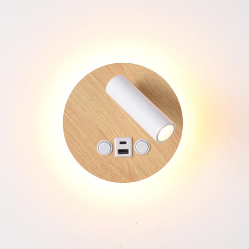 Alpinaluz Aplique de Pared LED con Puertos de Carga USB y Tipo-C, Foco de Lectura Orientable 3W y Luz Ambiental Trasera 6W 3000K, Interruptores Independientes, Aluminio Acabado Efecto Madera