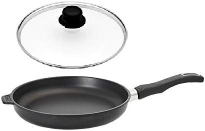 Gundel Cast Iron Induction Frying Pan Diameter 32 cm Height 5 cm – Flat – with glass lid and removable handle Biotoan Finish Battery Therm + Lid Knob (Entlüftbar Base