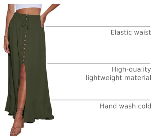 Image of Minclouse Women's Elastic Tie Waist Button Down Maxi Skirts Casual Loose Flowy Swing Slit Front Dress